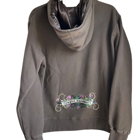 VTG Cowgirl Hardware Large Y2K Brown Sweatshirt Hoodie Embroidered Cross Roses - Picture 2 of 12